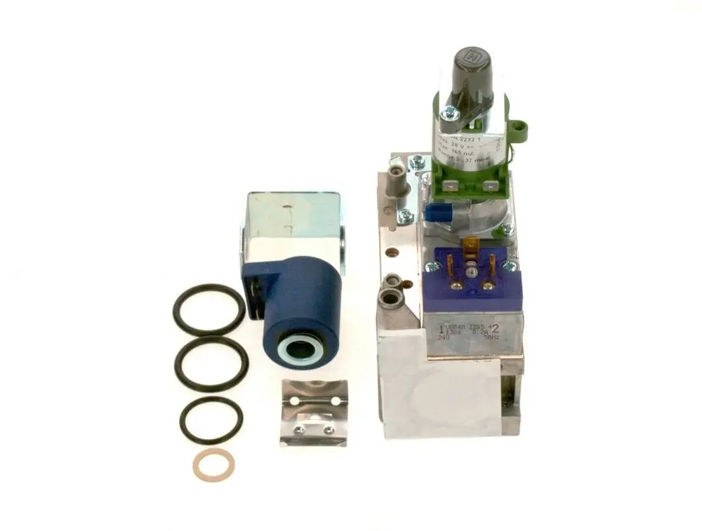 Bosch Gasarmatur mit verschiedenen Komponenten einschließlich Ventil, Dichtungen und einem elektrischen Anschluss. Teile zur Steuerung von Flüssiggasversorgung.